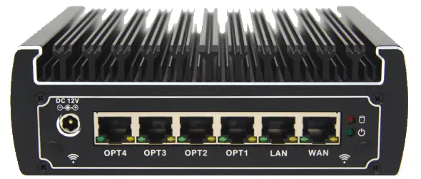 Front view of OPNsense 6-port router, showcasing its design and features for network routing and security.