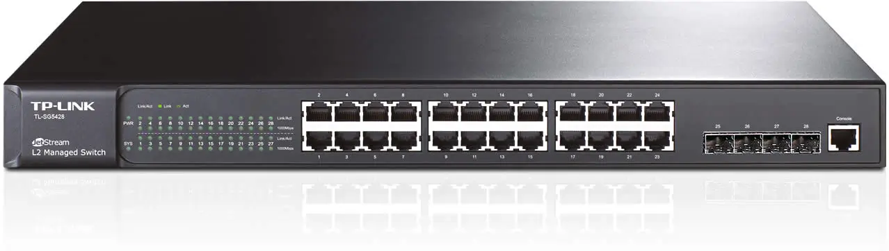 Front view of TP-Link managed switch TL-SG5428, showcasing its design and features for network management and optimization