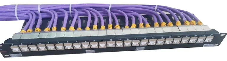 Image showing a 24-port loaded patch panel for structured data cabling, illustrating efficient network organization.