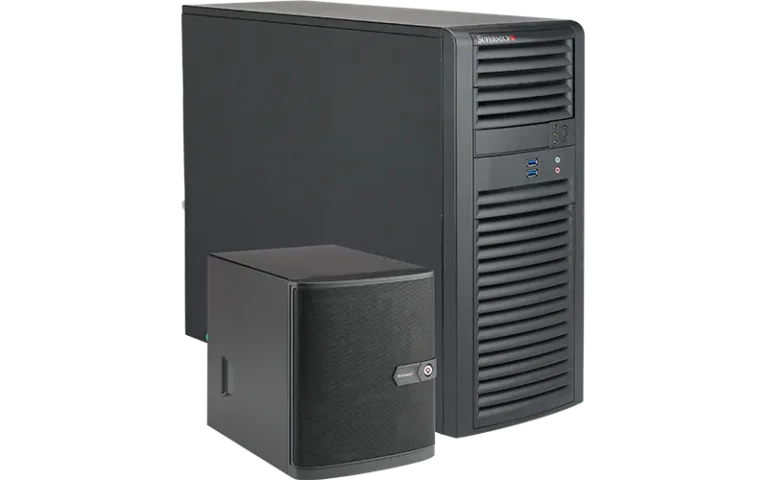 Mid-tower workstation PC and small form factor PC, representing different form factors for computing solutions